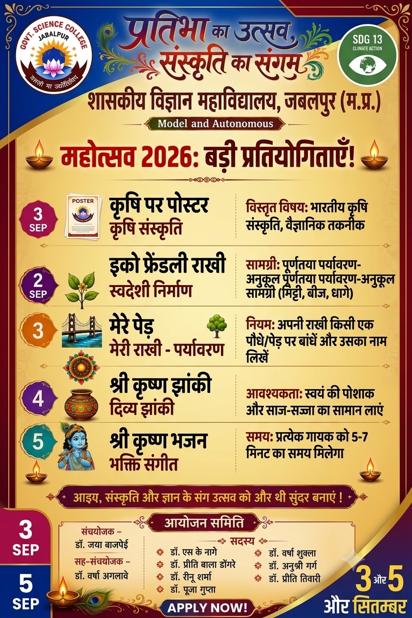 शासकीय विज्ञान महाविद्यालय, जबलपुर: रक्षाबंधन, बलराम जयंती एवं श्रीकृष्ण जन्माष्टमी महोत्सव पर विभिन्न प्रतियोगिताओं का आयोजन